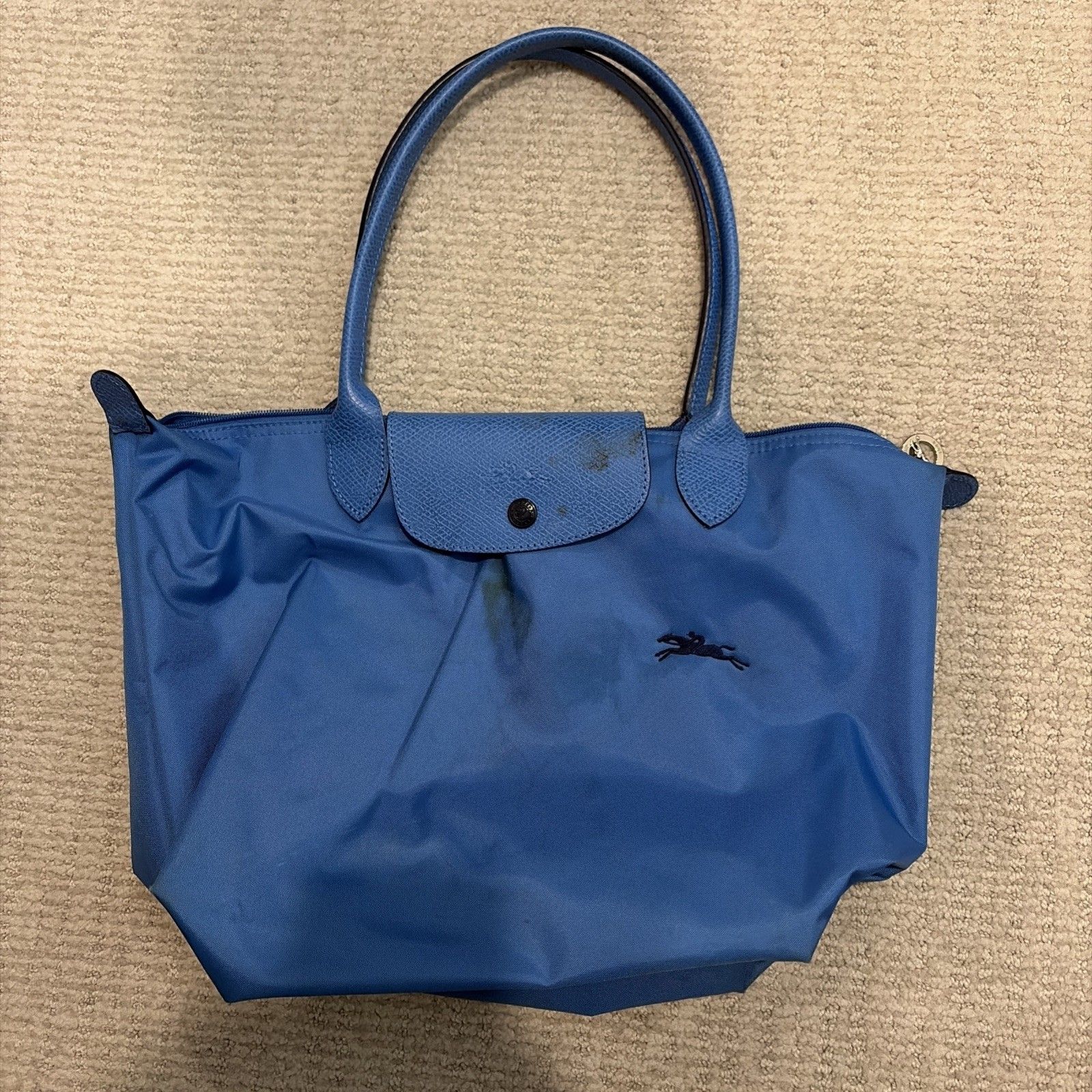 Used Longchamp Pliage M Horse Logo Hand Tote Bag Women Blue Genuine Purse